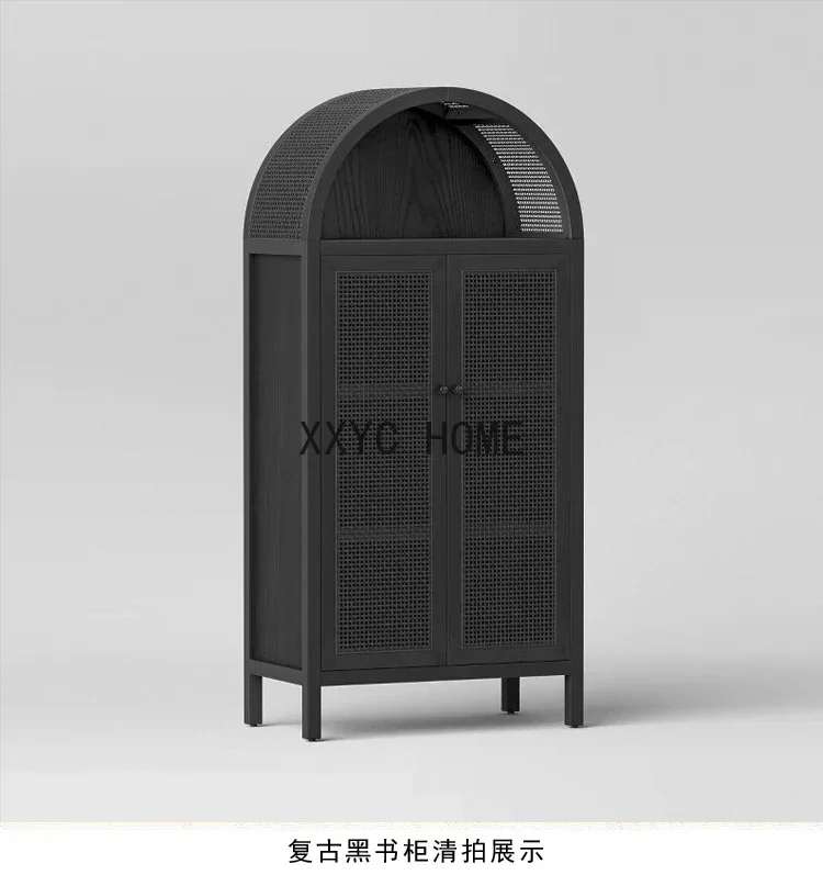 

American-Style Solid Wood Bookcase Light Luxury Floor Bookshelf Rattan Arch Storage French Retro Display Cabinet
