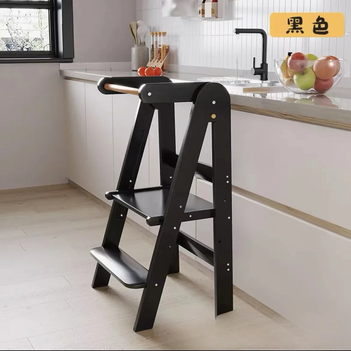 Taburete de paso de cocina para niños y niños pequeños con riel de seguridad, torre de pie para mostrador de cocina, Natural