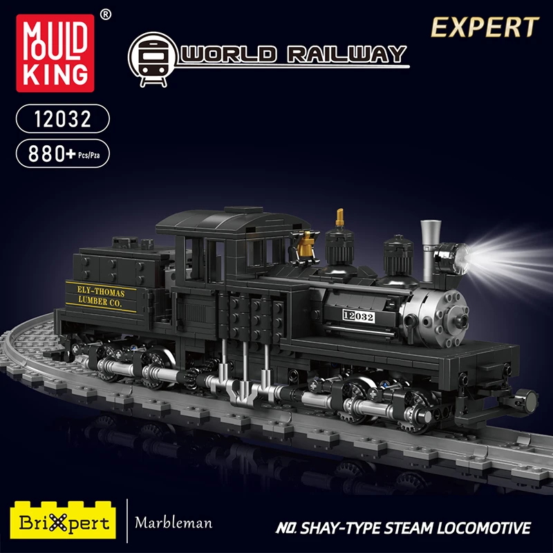 MOULD KING 12032 World Railway Technical SHAY-Type Steam Locomotive Model Remote Control Trail Building Blocks Toy Set