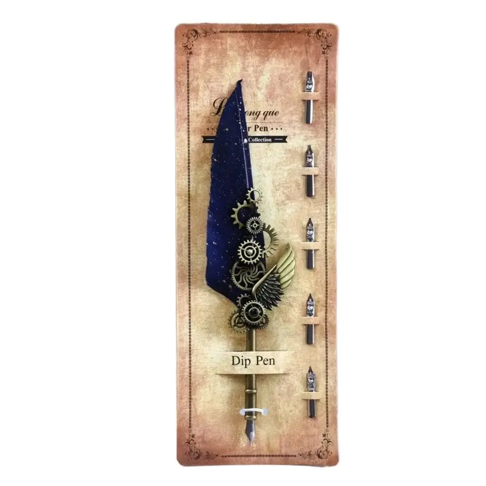Retro Punk Dipped in Water Pen European Style Vintage Luxury Metal Signature Pen Replaceable 5 Nib Machine Feather Pen