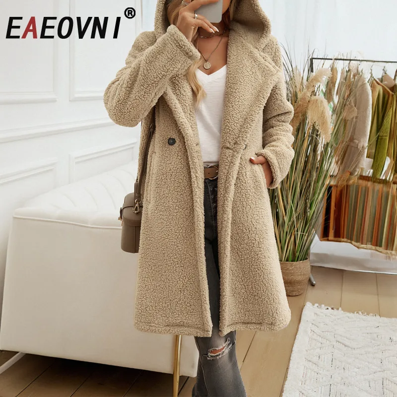 

EAEOVNI Winter New Mid Length Coat For Women Fashion Hooded Lapel Collar Button Solid Color Jacket Casual Versatile Clothing