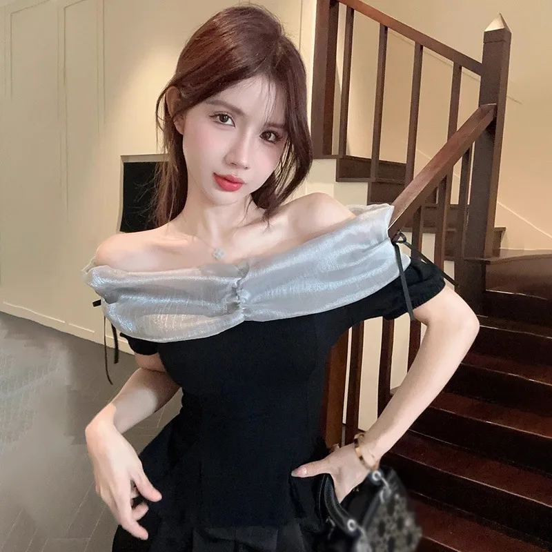 Women\'s Blouse Summer French Sweet One-Shoulder Bow Tie Short Sleeve Chiffon Slim Dew Neck Bubble Sleeve Short Sleeve Top