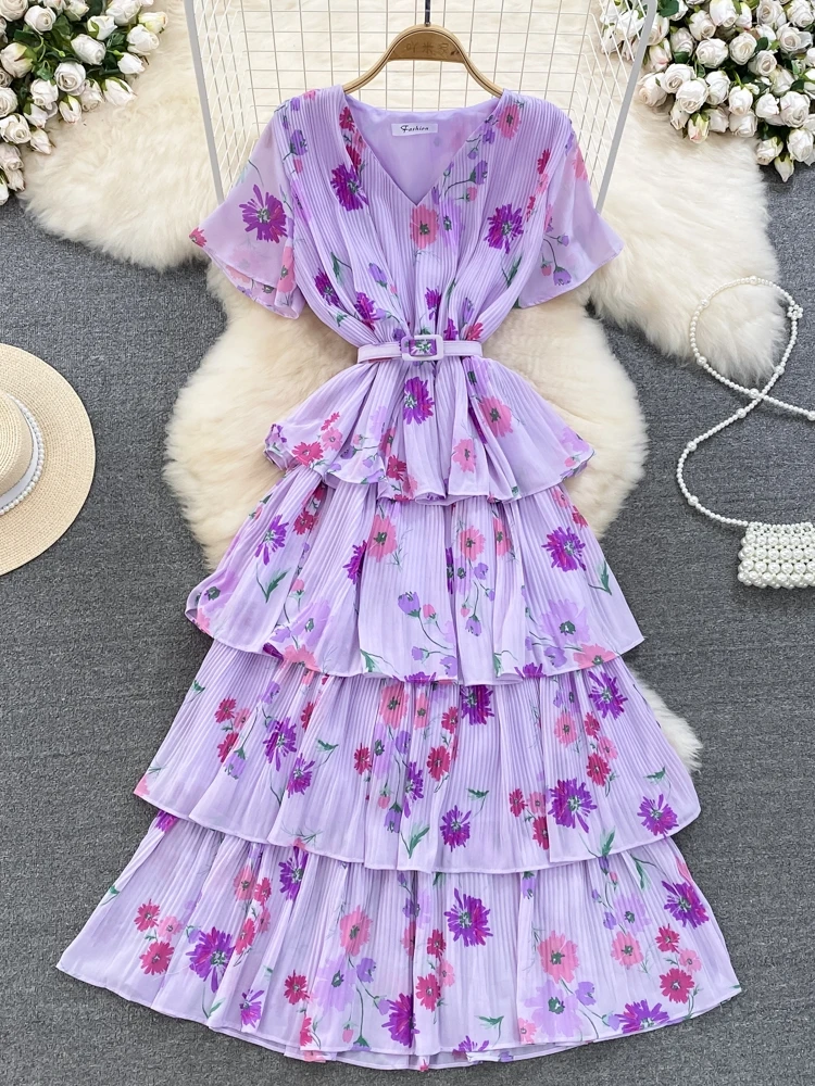 Vestido Longo de Verão com Manga Curta, Decote em V, Saia em Camadas Floral, Estilo Coreano, Alta Cintura, Psado, para Fér...