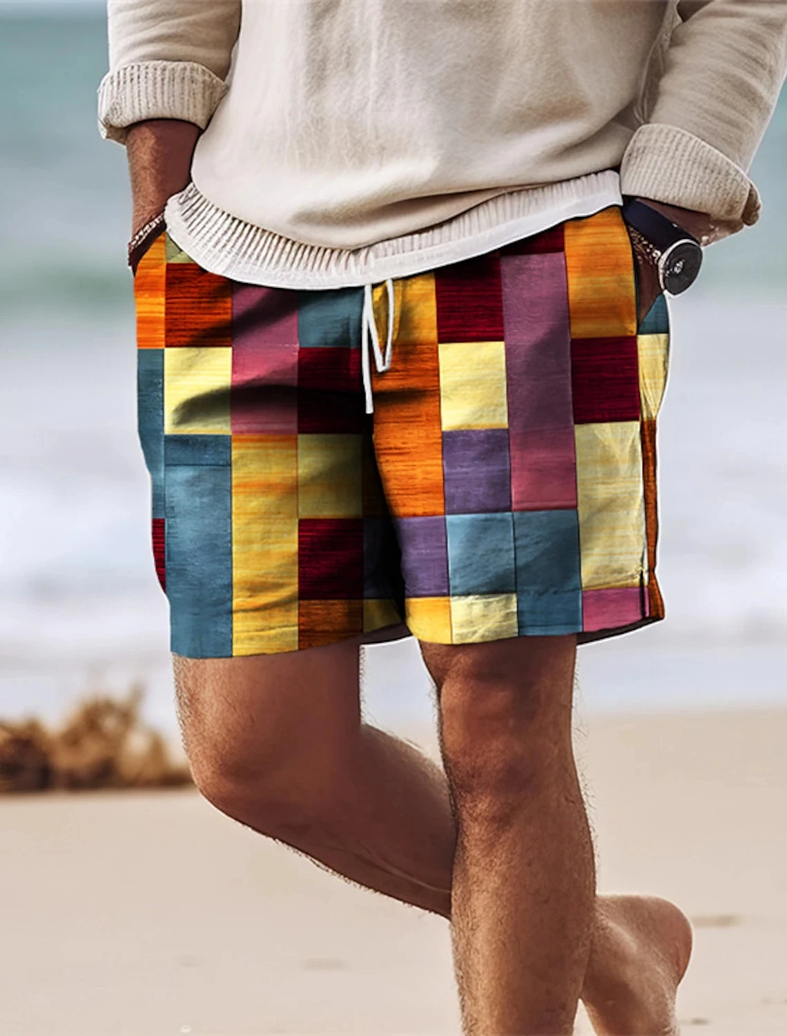 Men\'s Surf Shorts Drawstring Swim Shorts with Mesh Lining Elastic Waistband Colorblocked Quick Dry Shorts Holiday Beach Casual