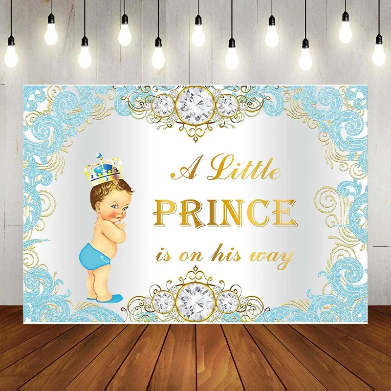 Little Prince In His Way White Backdrop Boy Baby Shower Party Banner Decoration Light Blue Gold Crown Photography Background