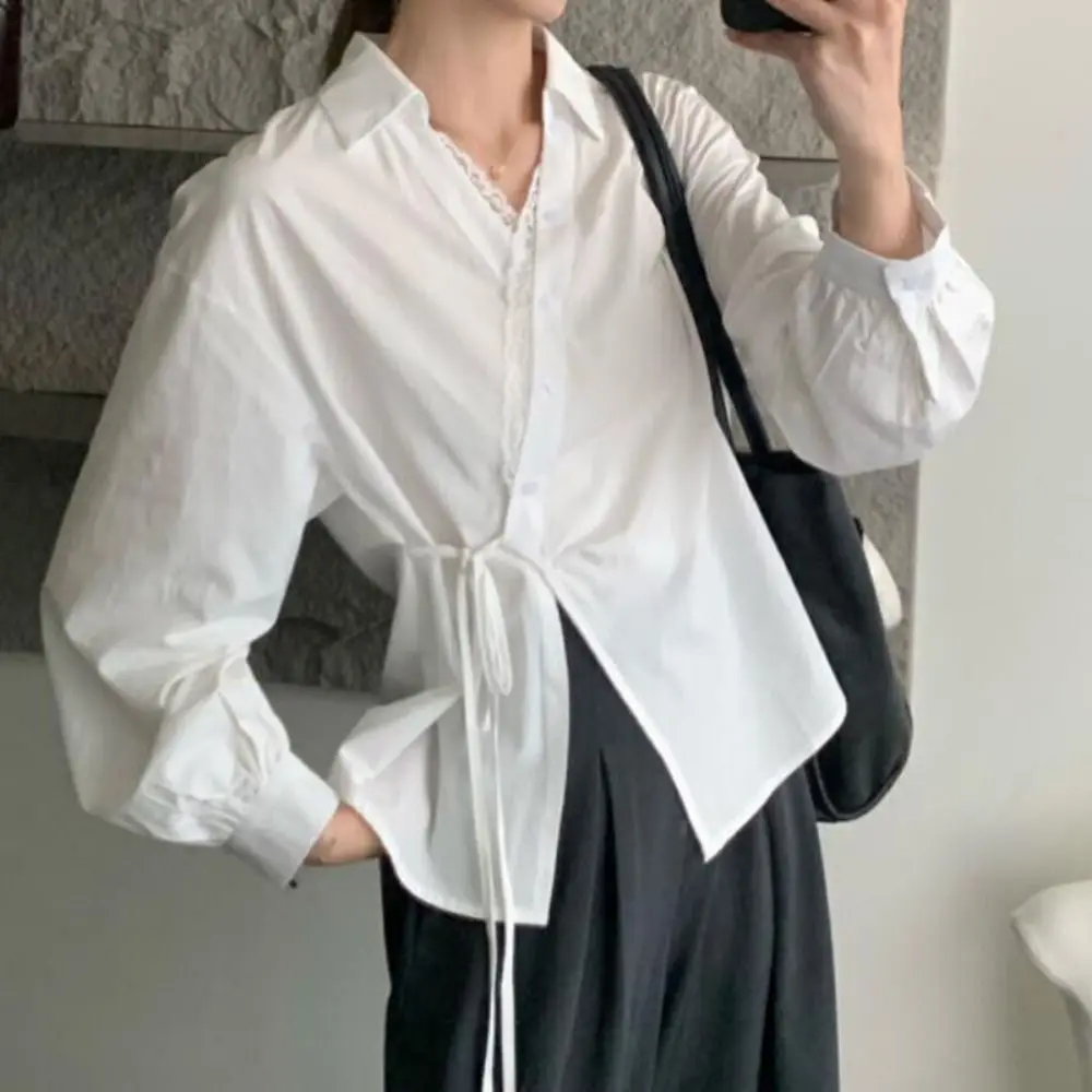 

Футболка с v-образным вырезом и нерегулярным диагональным галстуком, лоскутный укороченный топ, блузка с длинными рукавами, кружевные шикарные базовые футболки в стиле ретро, женские рубашки