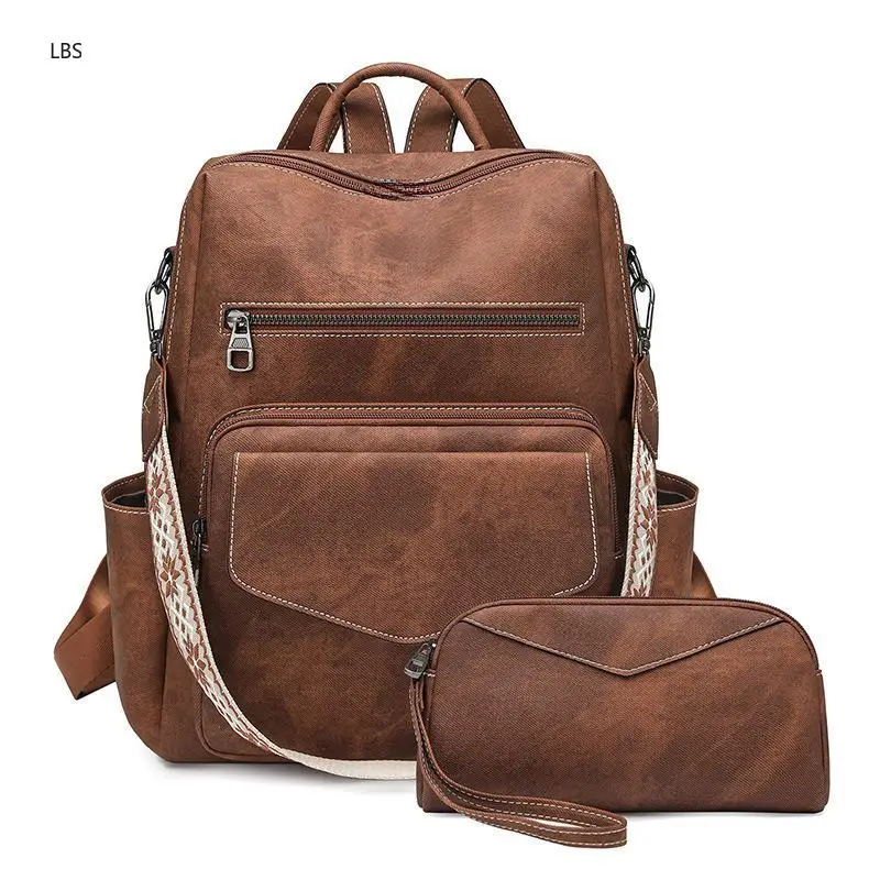

Women's PU Leather Vintage Backpack Large Capacity Casual Colorblock Set
