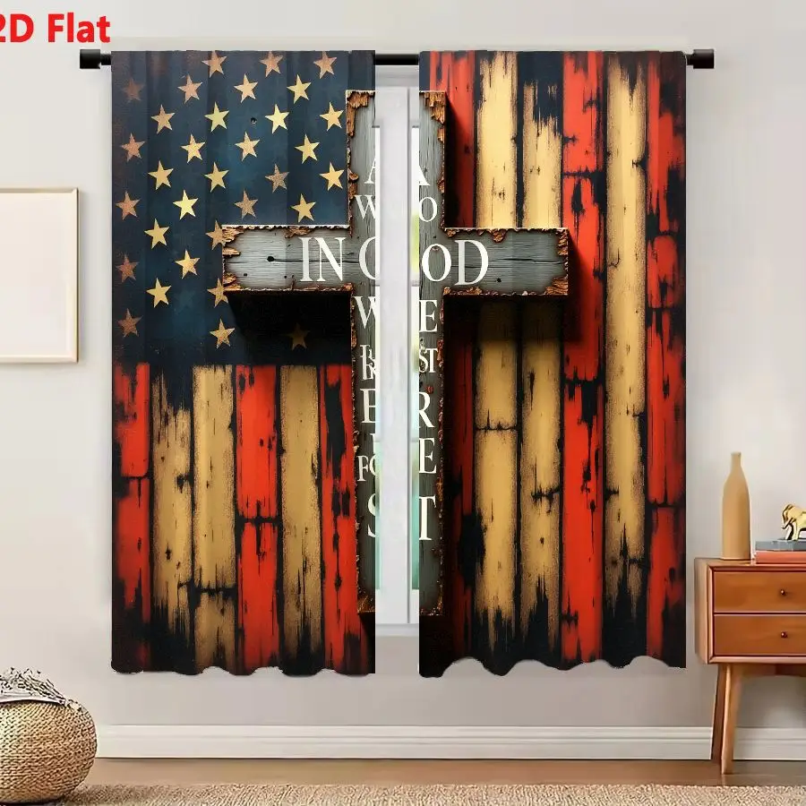 2Pcs Curtains 2D Flat Aged Wooden Cross With American Flag Background Patriotic Religious Decor Window Drapes for Bedroom Room D