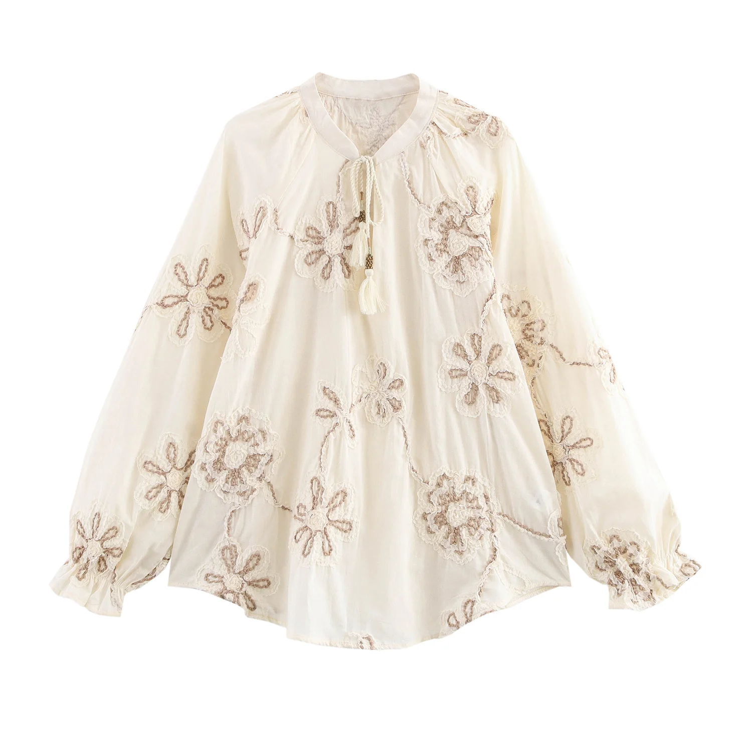 

DiYiG WOMA 2025 Summer New Product Fashionable Embroidered Flower Loose Shirt Chic Lace up Decoration Tassel Top Blouses Mujer