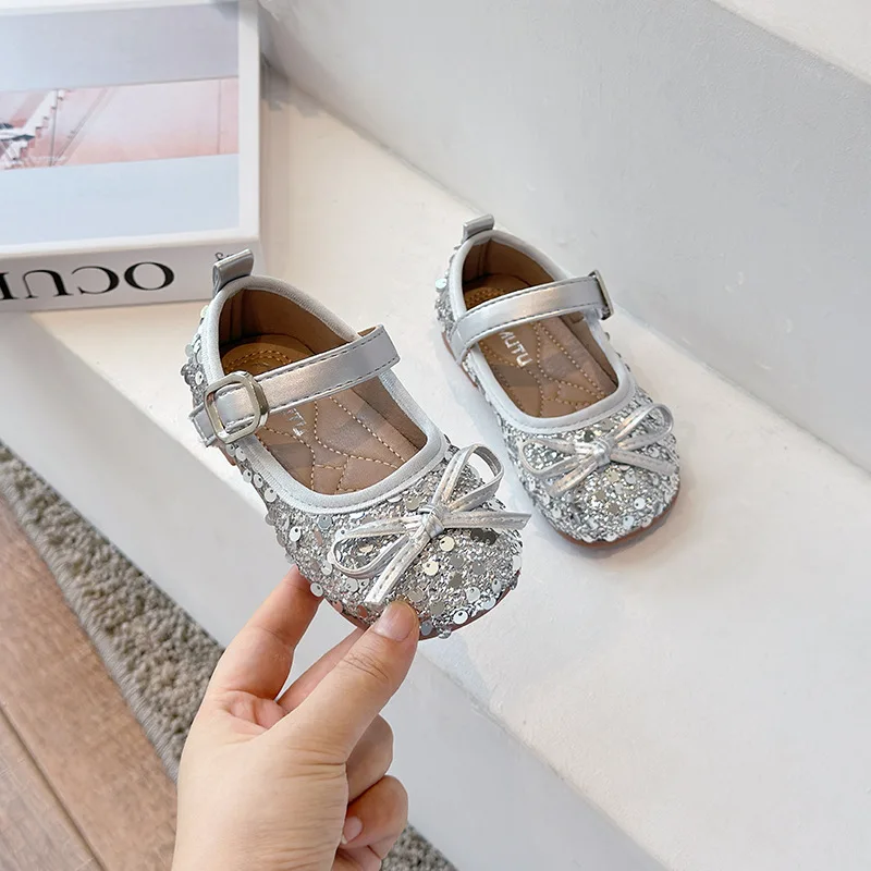 

Spring Autumn New Bow Princess PU Leather Children's Soft Sole Non-slip Square Mouth Girls Shoes Sequins Loafer Size 23-34