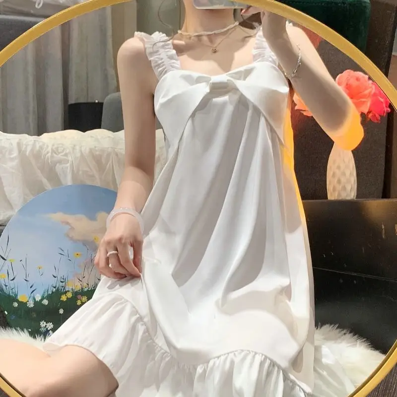 Nightgowns Women Minimalist Sweet Bow Design Pure Loose Folds Home Summer Breathable Lounge Wear Korean Style Sleeveless Ladies