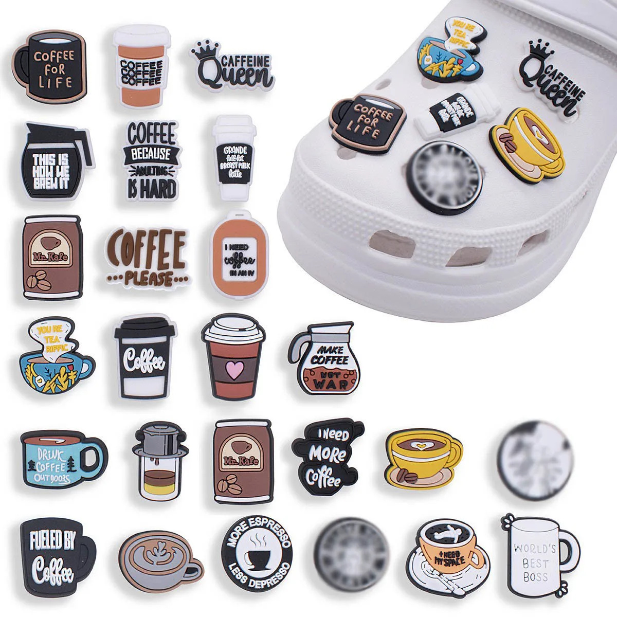 

22pcs PVC Shoe Charms for Crocs Accessories Coffee Drink Badge Women Sandals Buckle Kids Pins Men Decoration Jeans X-mas Gifts