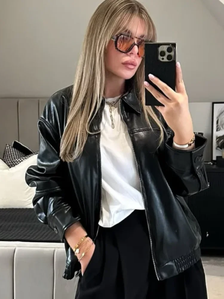 

Retro Lapel Short Leather Jacket Women Fashion Full Sleeve Zipper Pocket Loose Jackets 2026 New Spring Daily Street Outerwears