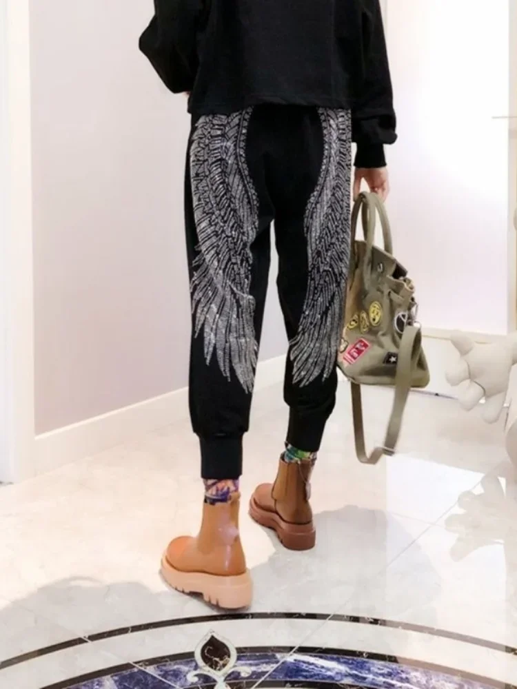 بنطلون حريمي محبوك ، بنطلون طويل كاجوال فضفاض عصري ، تطريز ثقيل وأجنحة كريستال ، خريف وشتاء