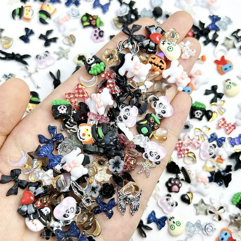 50PCS Random Mixed Butterfly Flowers Nail Charms Colorful Mutiple Bows Simulated Pearl Resin Nail Art Decorations for DIY Nails