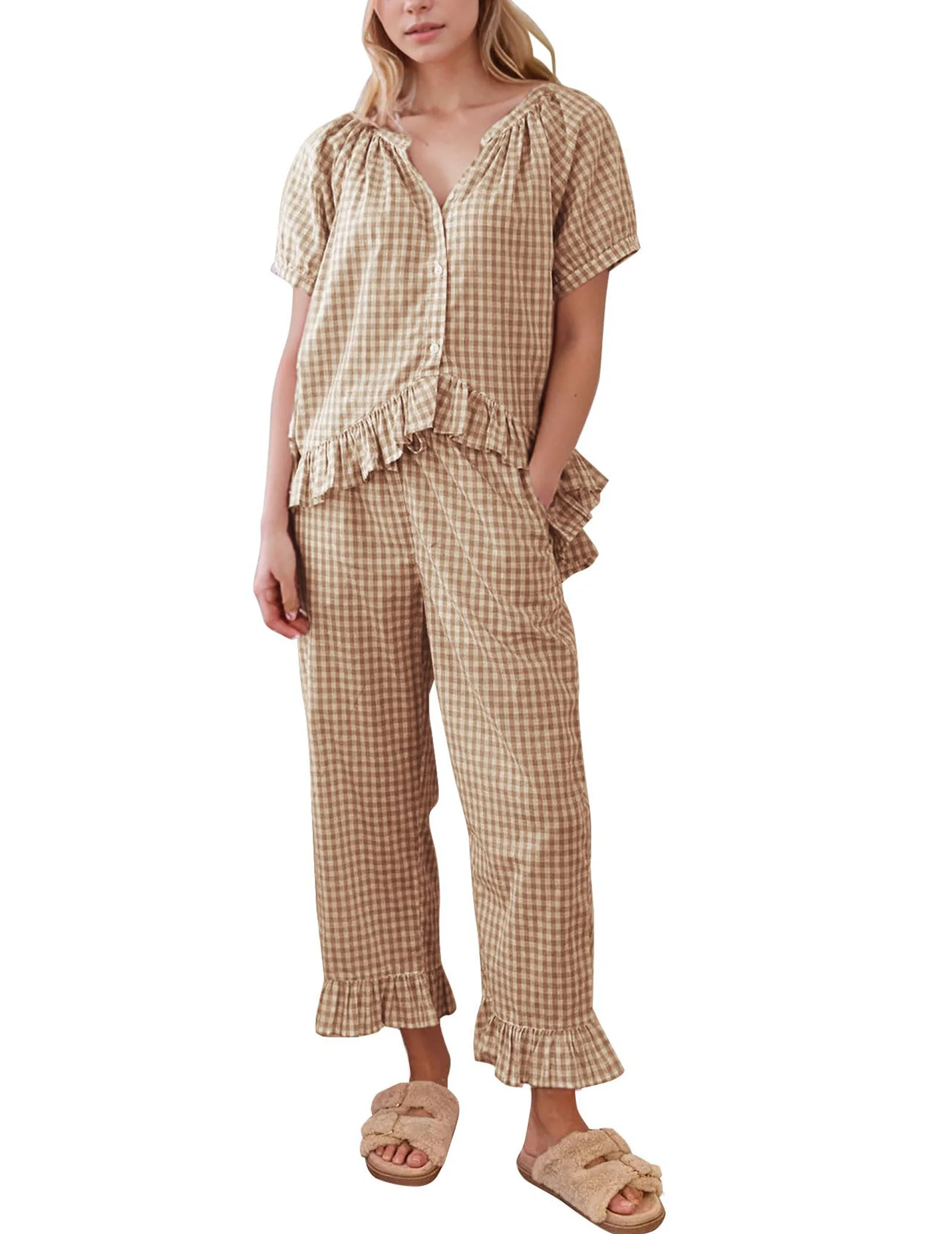 

Женская рубашка Babydoll с коротким рукавом и брюки, летний клетчатый пижамный комплект из 2 предметов, комплект для отдыха, милая одежда для сна для дома