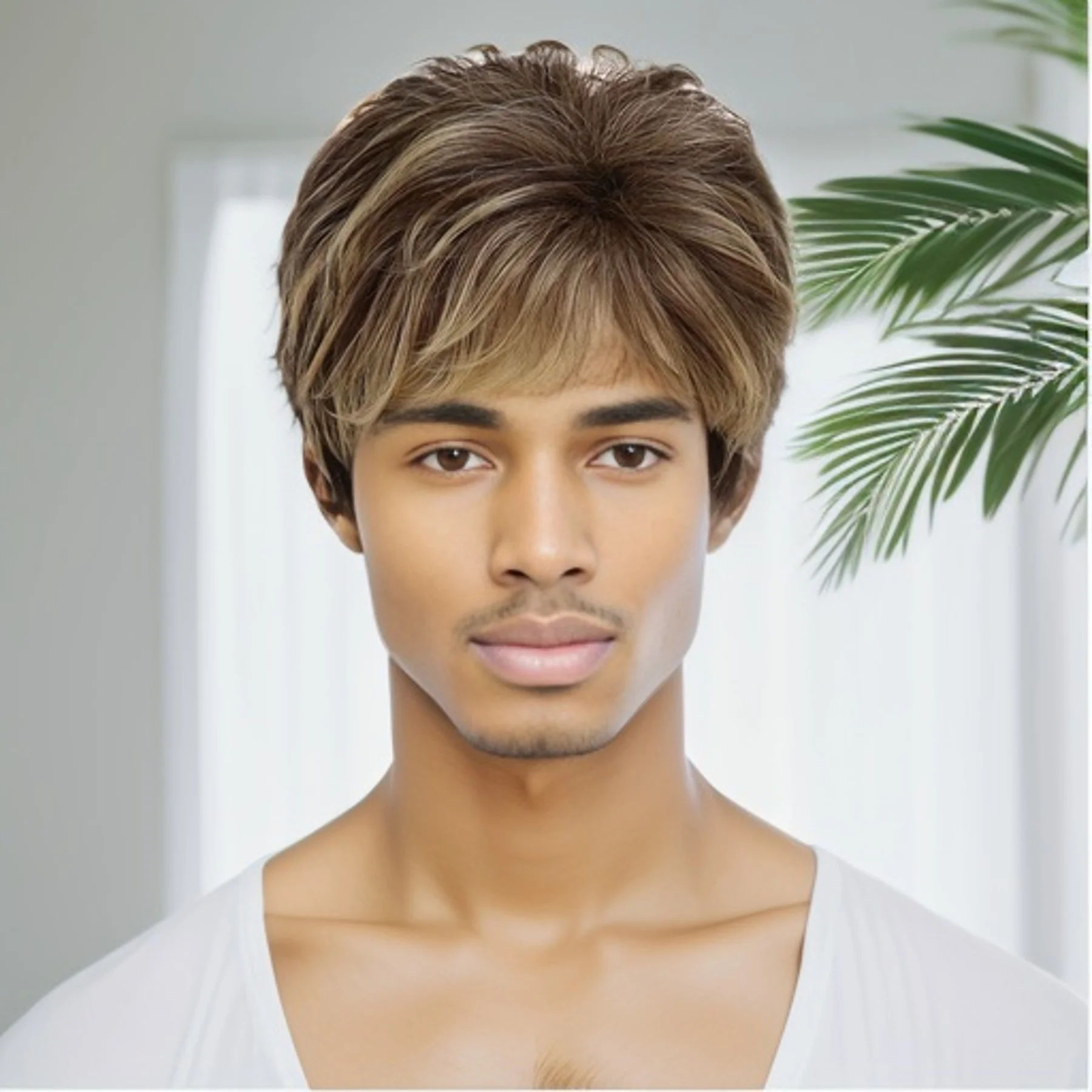 

Synthetic Natural Breathable Hair Short Layered Wig Mixed Brown Wigs with Bangs for Men Male Heat Resistant Daily Costume Party