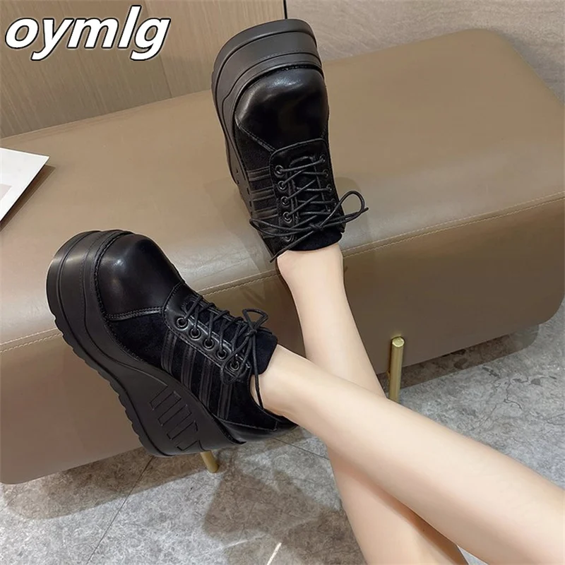 Large size black striped Harajuku punk style thick bottom raised platform shoes 2022 autumn winter new wedge heel women\'s shoes