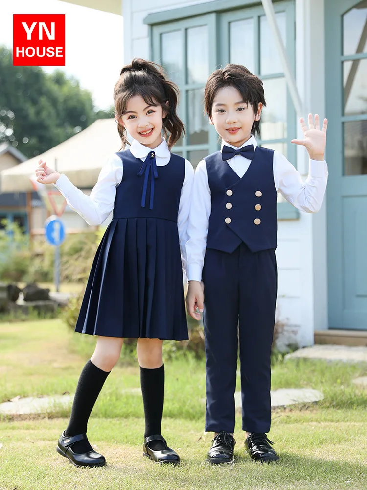 Kids School Uniform Vest Shirt Pant Girls Waistcoat Dress Boys British Japanese Clothes Sets Children Spring Students Outfits