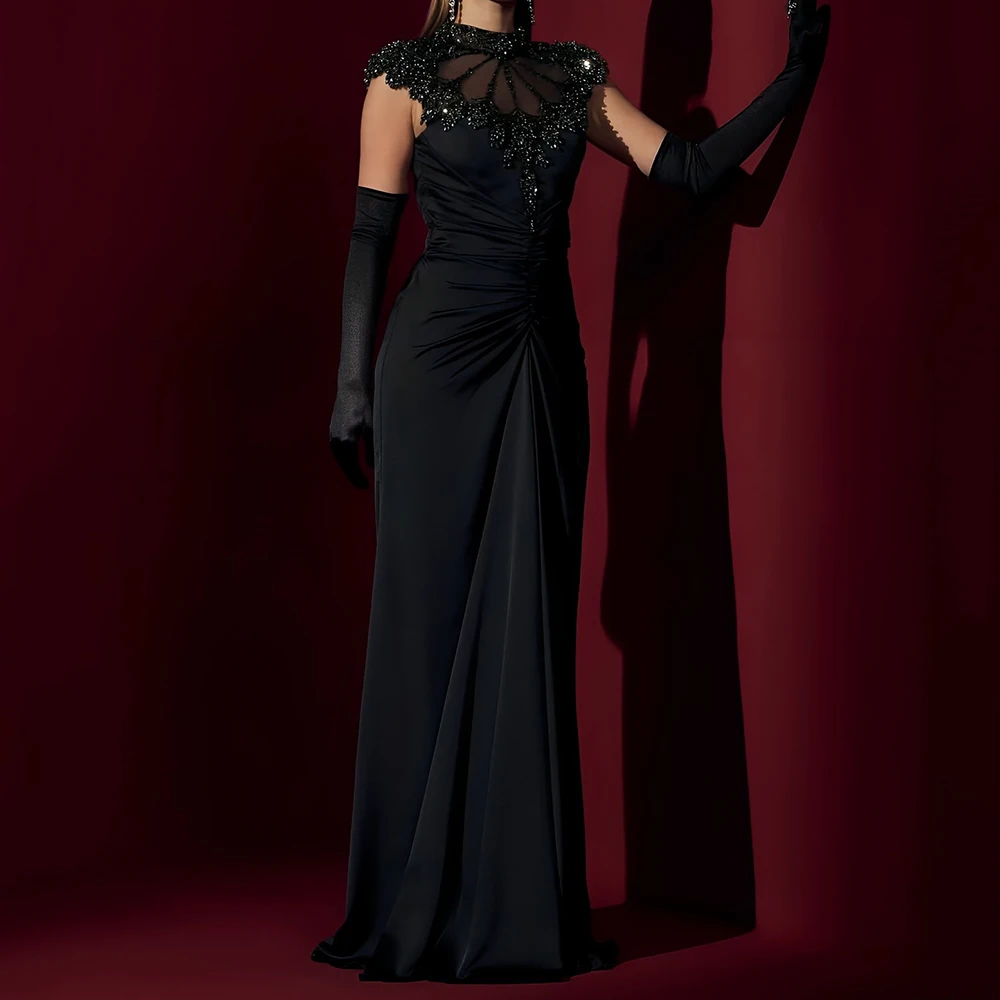 

Customized A-line Evening Dresses Floor-length High-neck Full Sleeve Prom Gown Fashion Crystal Pleat Simple Draped Party Gown