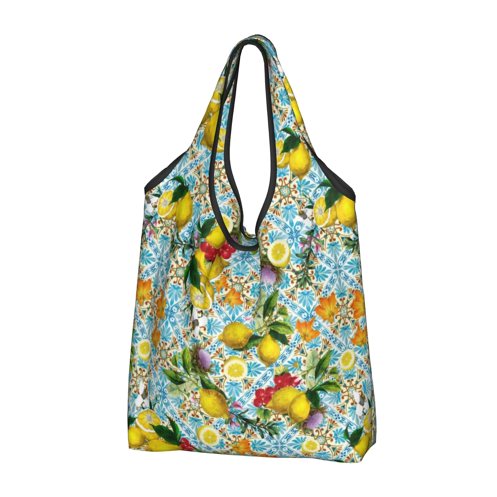 Custom Summer Fruit Lemons Mediterranean Tiles Shopping Bag Women Portable Big Capacity Groceries  Shopper Tote Bags