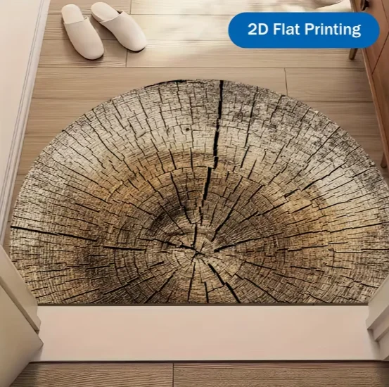 Natural Wood Grain Semi-circular Welcome Mat with Beige Brown Tree Ring Semi-circular Mats in Entrance Porch and Living Room