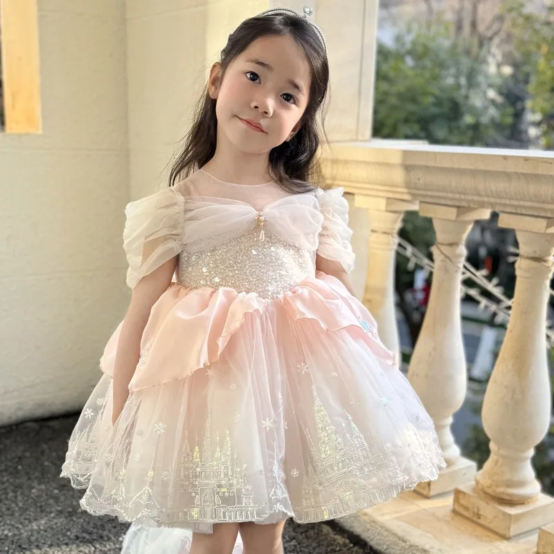 Elsa Princess Dress For Little Girls Short Sleeve Big Bow Embroidery Glowing Tutu Dress Kids Birthday Party Photography Costume