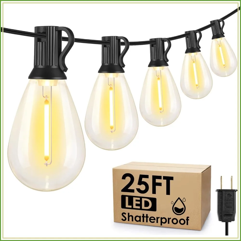 25FT LED Outdoor String Lights, 10+1 Dimmable Bulb, Waterproof Patio Lights, Connectable Hanging Strand for Backyard Garden