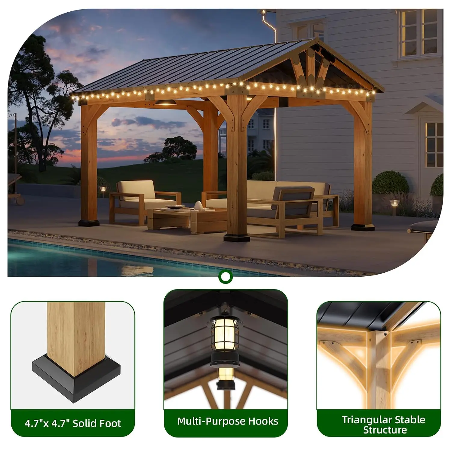 10x12 ft Ceder Wood Gazebo, Hardtop Gazebo with Galvanized Steel Peak Roof, Custom view 2