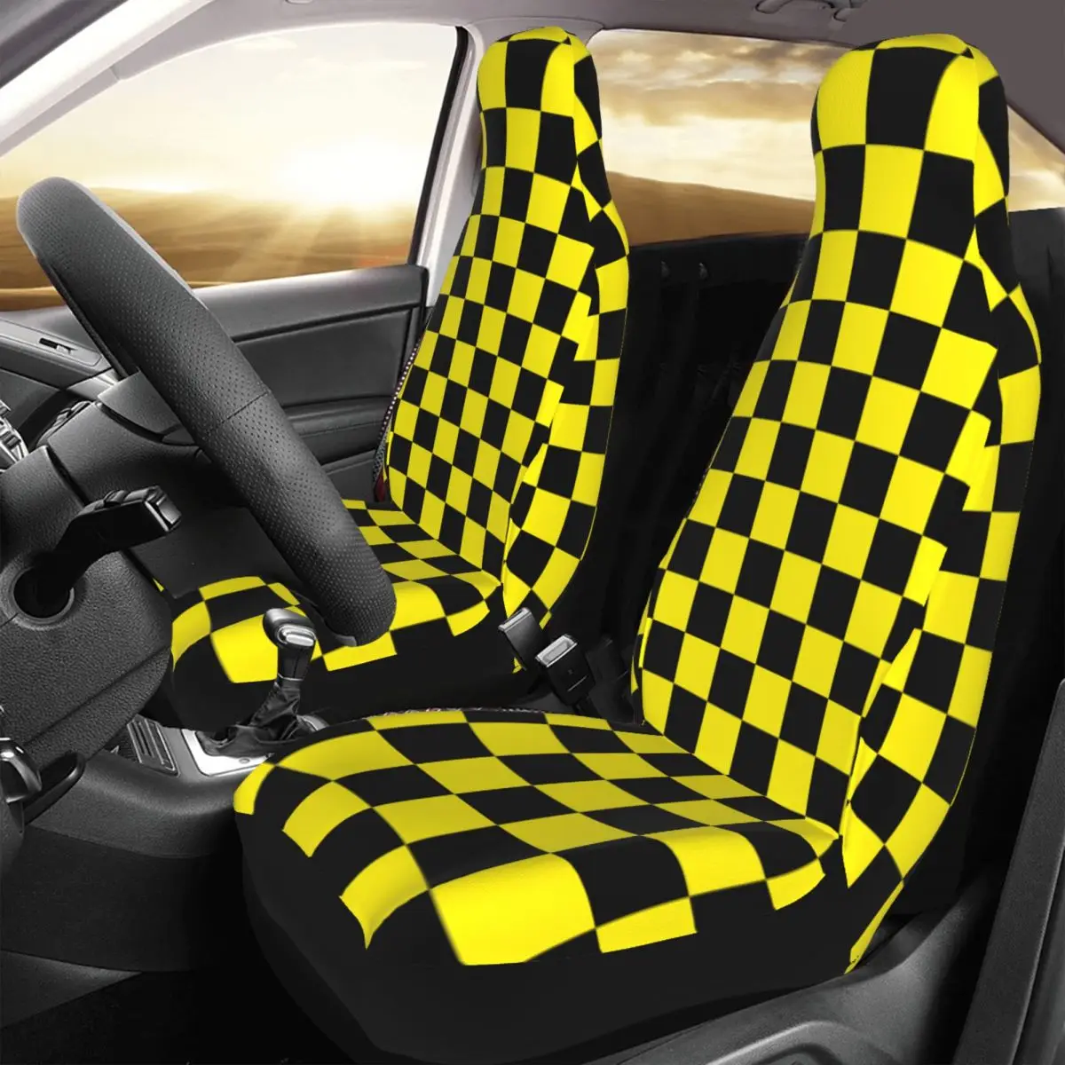 Black Yellow Checkered Universal Auto Car Seat Covers Fit Any Truck RV SUV Customized Plaid Bucket Seat Protector Cover 2 Pieces