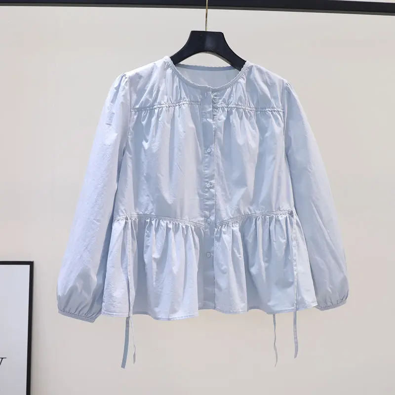 

Pleated Long Sleeve Loose Elegant Blouse Spring New Vintage O-neck Button Solid Office Shirt Tops Fashion Casual Women Clothing