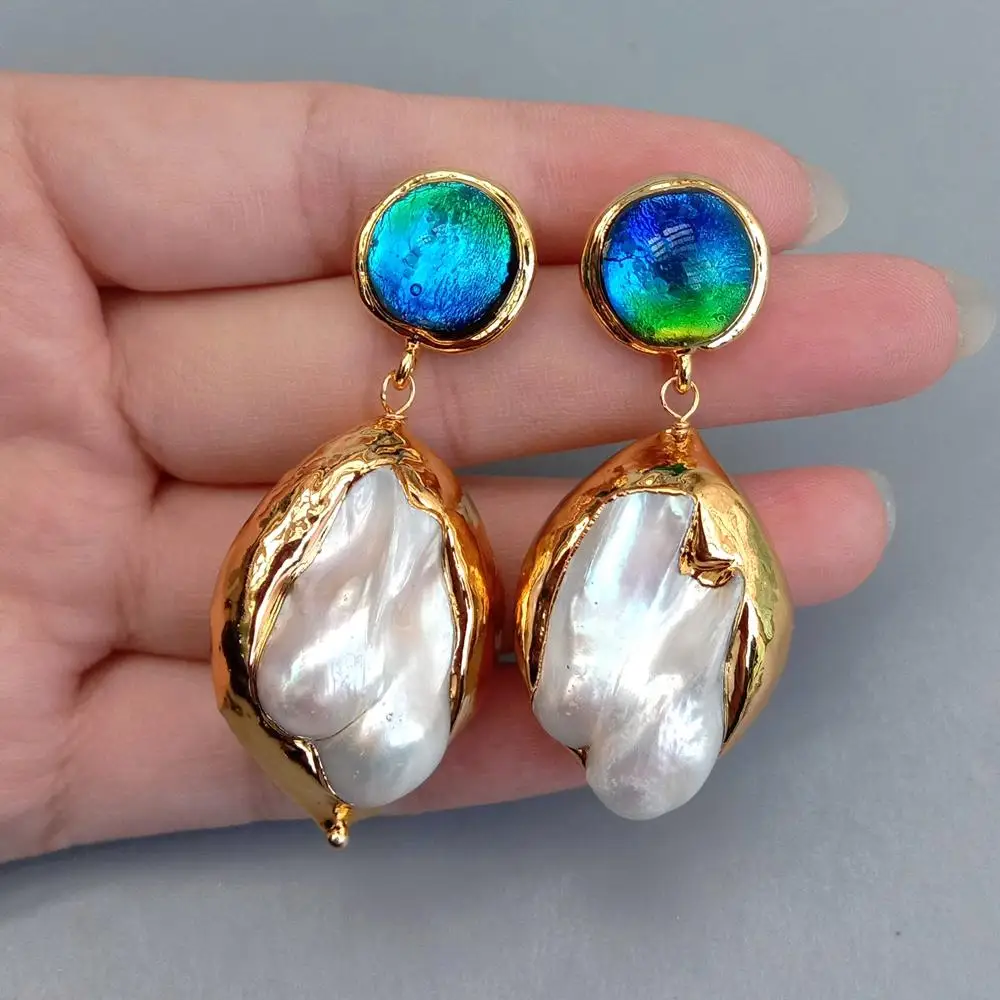 Y·YING White Shell Blue Murano Glass Gold Plated Stud Dangle Earrings For Party Jewelry