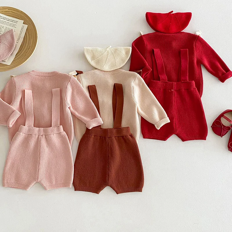 2024 New Autumn Children Long Sleeved Knitted Cardigan+Jumpsuit Newborn Baby Girls Clothing Set Toddler Baby Girl Clothes Suit