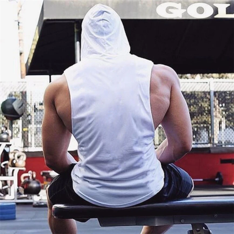 Gym Fitness Loose Sleeveless Vests Street Hip Hop Basketball Hooded Tank Tops Cotton Breathable Shirt Mens Bodybuilding Hoodie