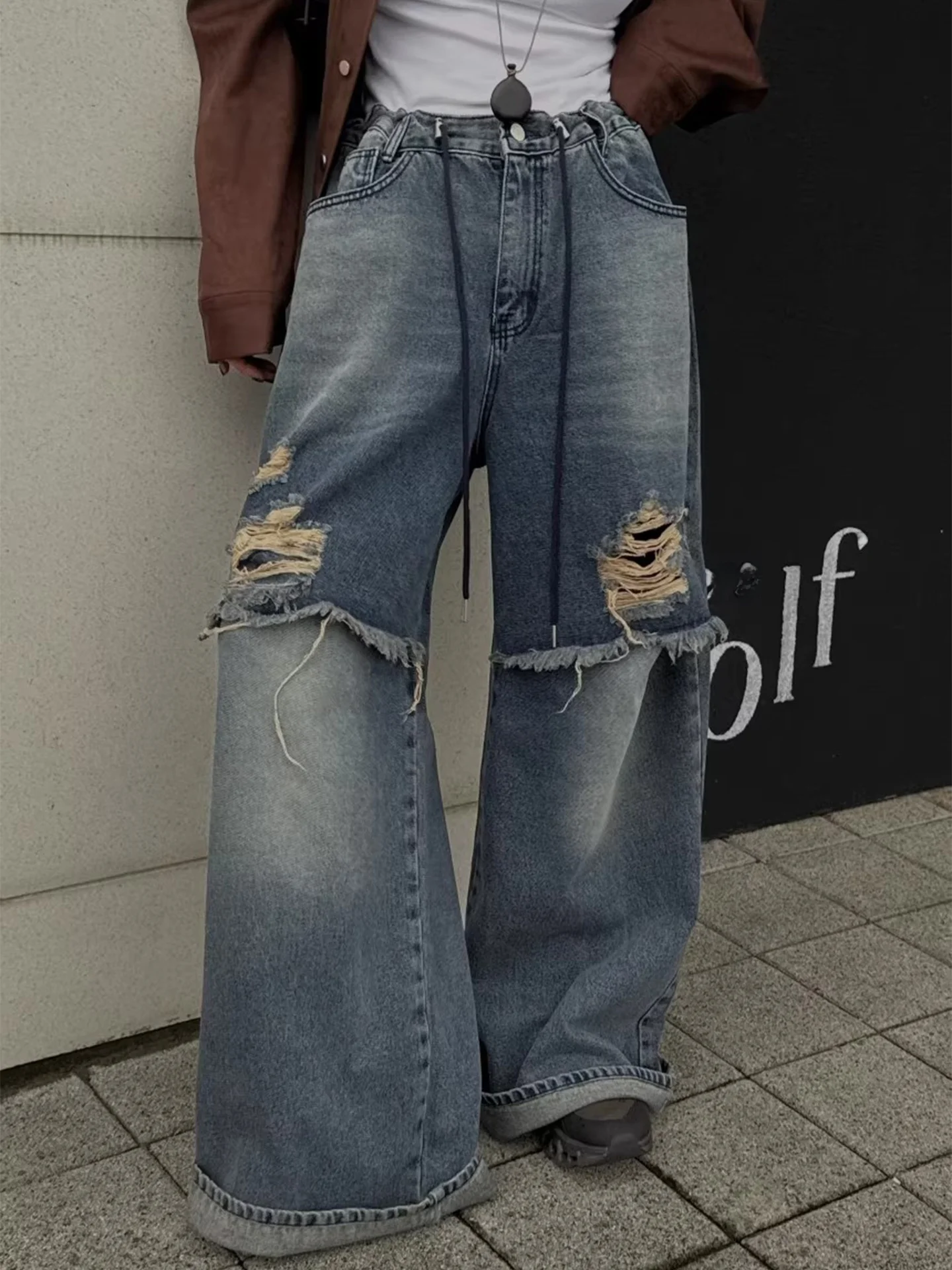 

High Waist Wide Leg Denim Jeans Women's Spring Summer Distred Frayed Trousers Individual Patchwork Dstring Pants