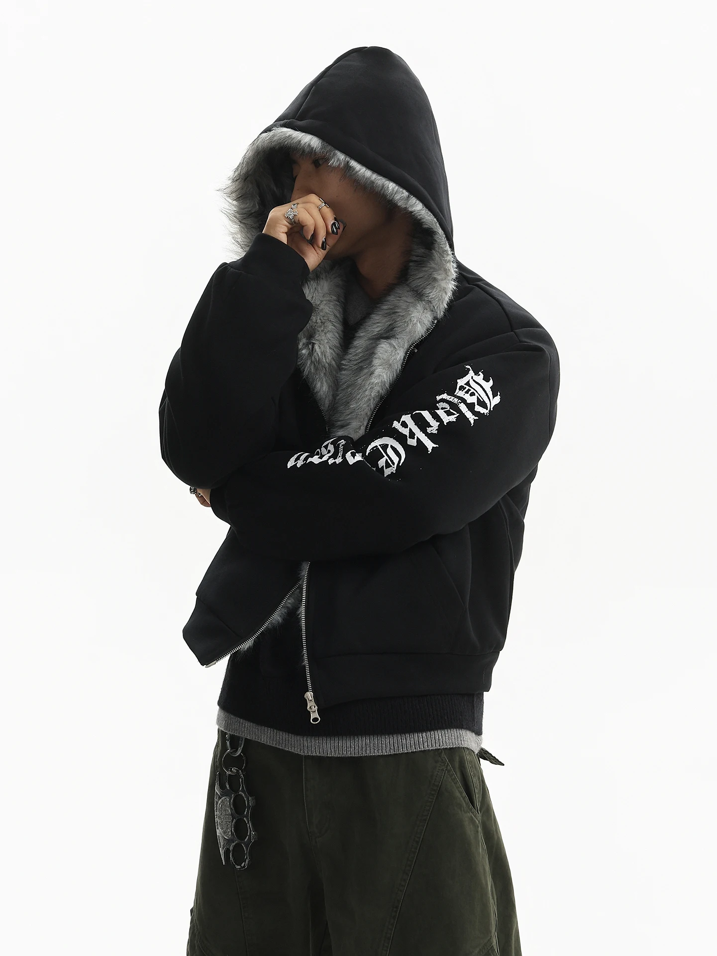 Warm Casual Cotton Jacket for Men with Printed Eagle Design Standard Fit Long Sleeve Hooded Coat Street Style Winter Outerwear