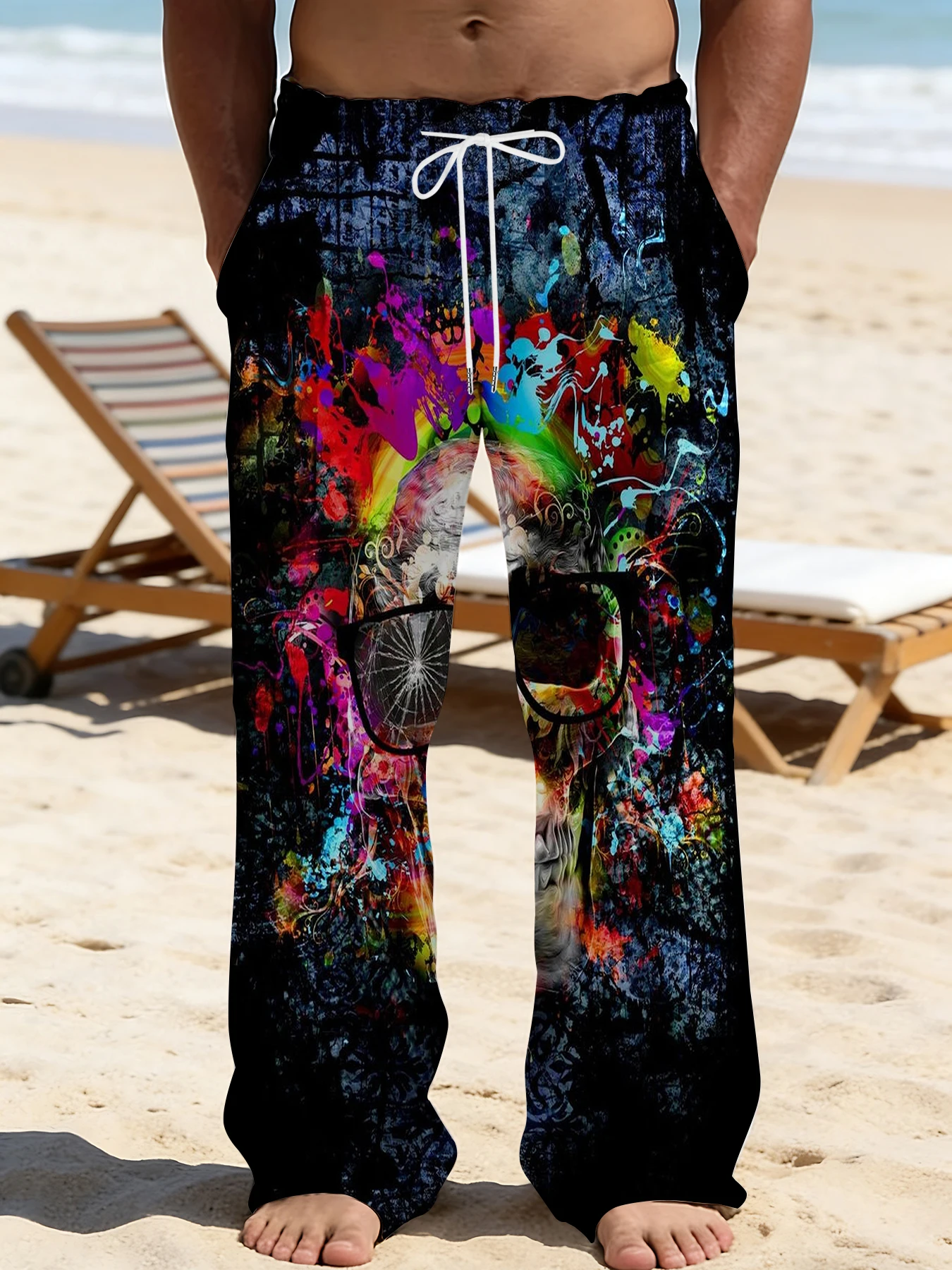 

2026 Men's Printed Straight Leg Pants Vibrant Abstract Pattern Drawstring Waist Loose Fit Summer Beach Casual Swim Shorts