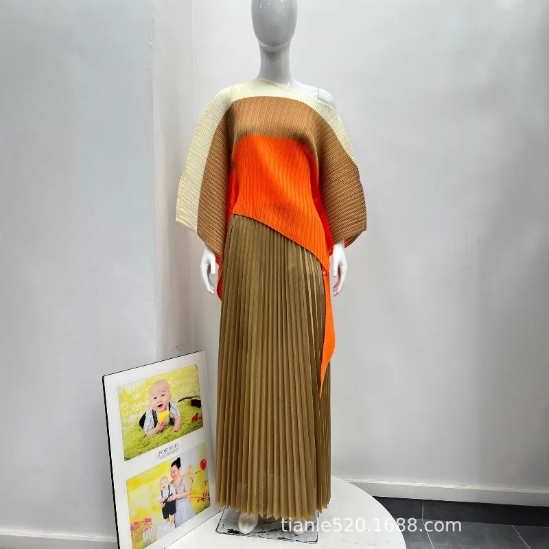 الشرق الأوسط جديد مياكي فستان مطوي المرأة مزاجه غير النظامية راجلان كم علوي أنيق Colorblocking تمتد نصف تنورة مجموعة #2