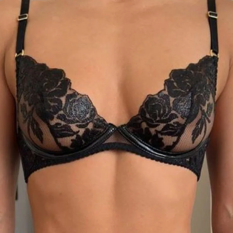 Black flower embroidery with steel ring bra and g-string panties female sexy lingerie three-piece set European and American cros