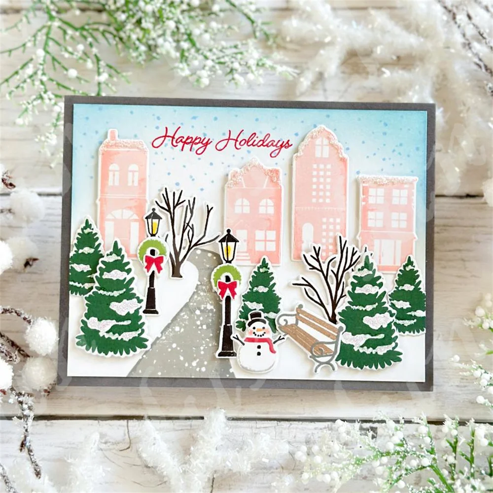 New Arrival Stamps and Dies 2024 Winter in the City Happy Holidays Metal Cutting Die DIY Scrapbooking Crafts Decoration Embossed