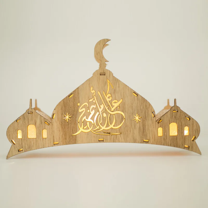 Crafts Night Light Ramadan Mubarak Wooden Mosque Shape LED Light Decoration Ornament for Muslims Ramadan Islamic Table Decor