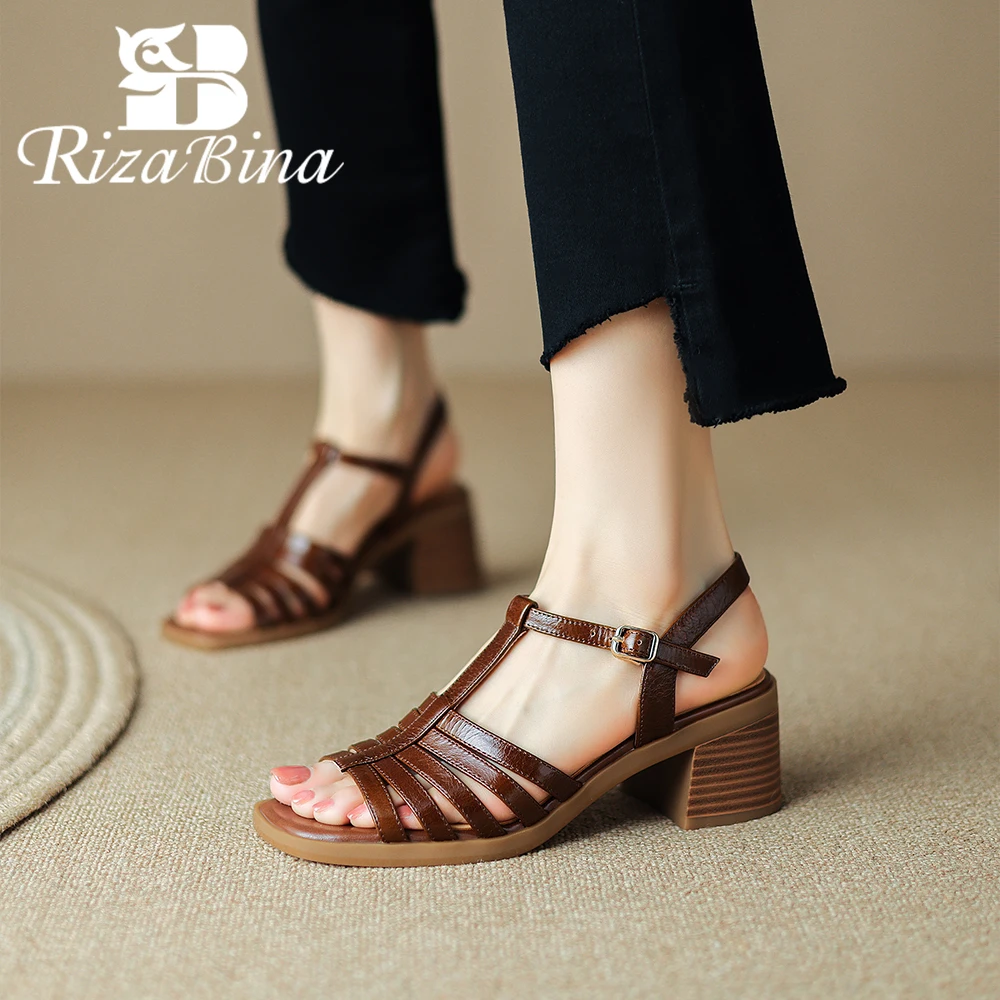 RIZABINA-Sandalias de gladiador para mujer, zapatos de tacón grueso con hebilla de cuero Real y Correa en T, estilo romano, hechos a mano