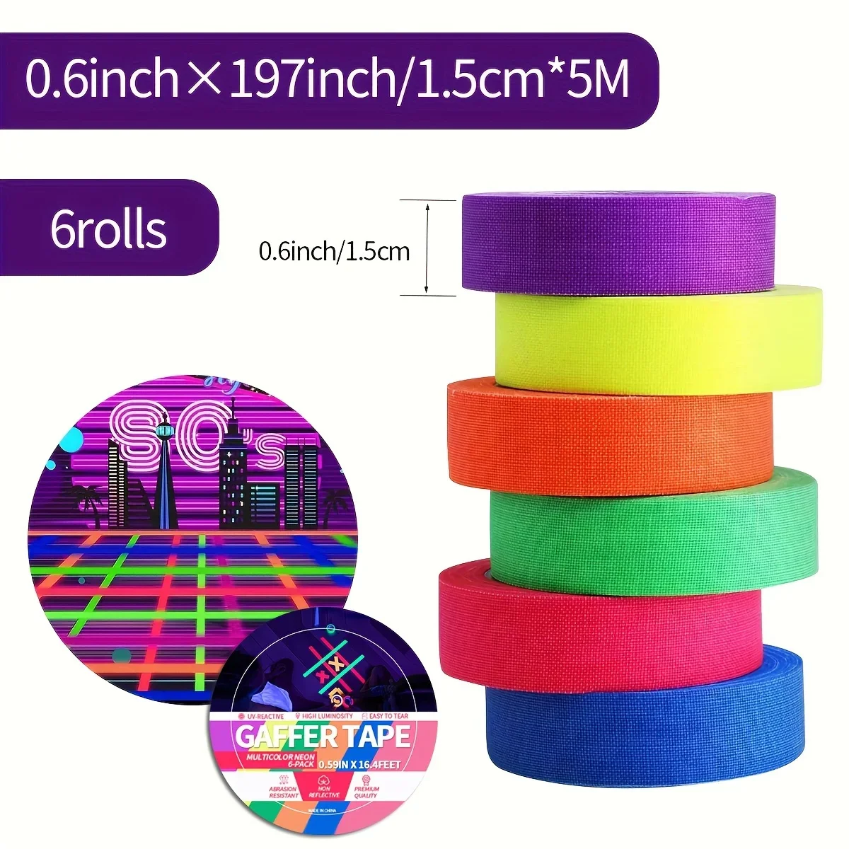 6 colori Neon Gaffer Cloth Tape fluorescente Rainbow Color Party bagliore Non riflettente sotto UV Black Light in The Dark Tape