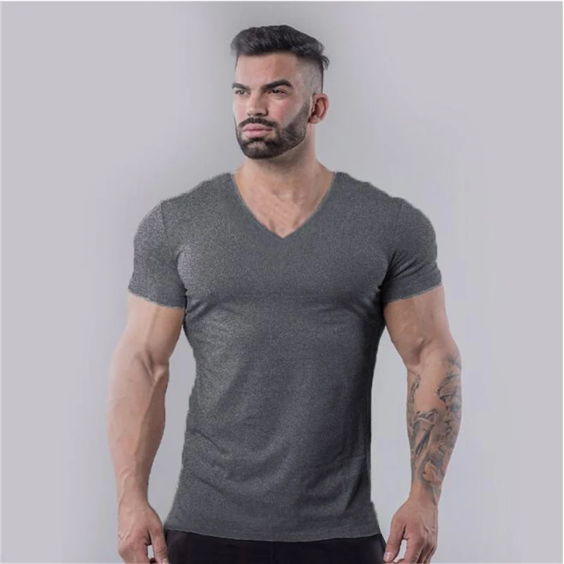 Plain Cotton Gym T-shirt Men Summer Fitness Clothing V-Neck Short Sleeve T shirt Slim Fit Tshirt Bodybuilding Workout Tees Tops