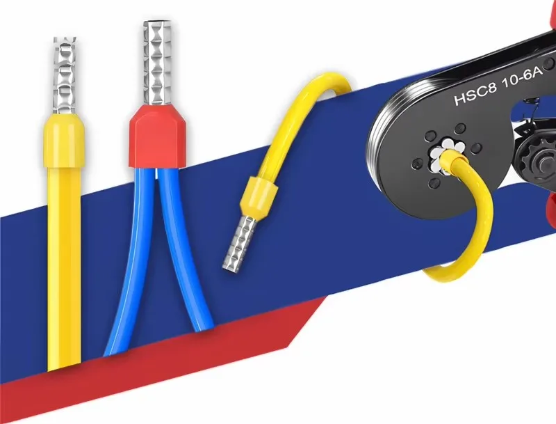 Haushalts-Elektro-Crimpset mit Rohrkabelschuhen, Drahtschneider und Crimper für Kabelschuhe HSC8 6-4 10-6 16-6 – Detail 1