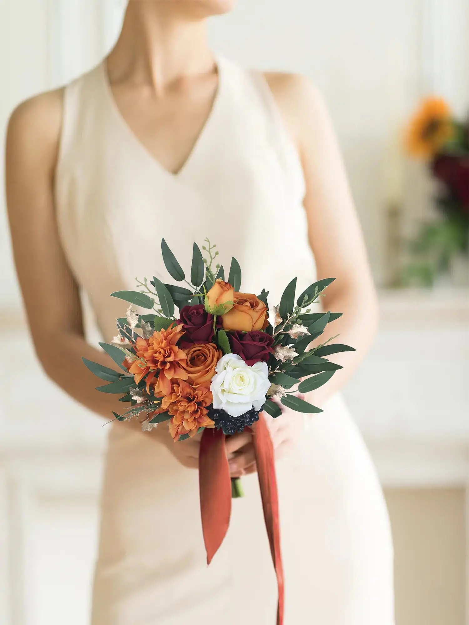 Bridal Wedding Bouquets Roses Artificial Flowers Bouquets Fall Wedding Decor Bride Burnt Orange Bridal Bouquet For Wedding image 5