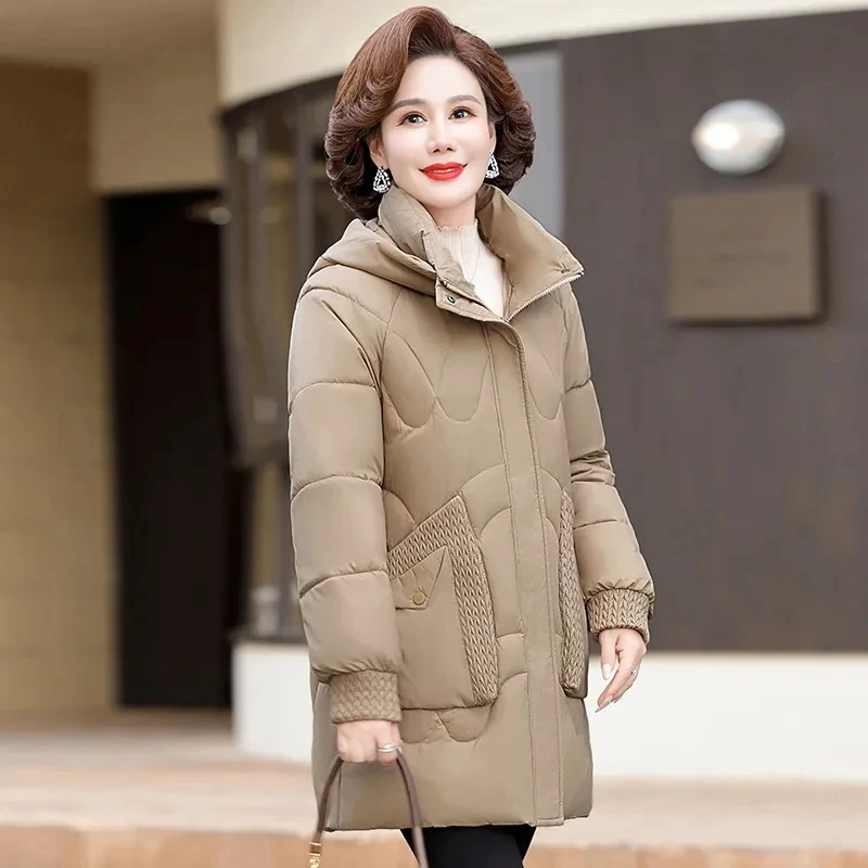 Womens Down Cotton Coat 2024 Winter Cotton-padded Parkas Female Warm Hooded Puffer Parkas Mother Clothing Cotton Overcoat Coats