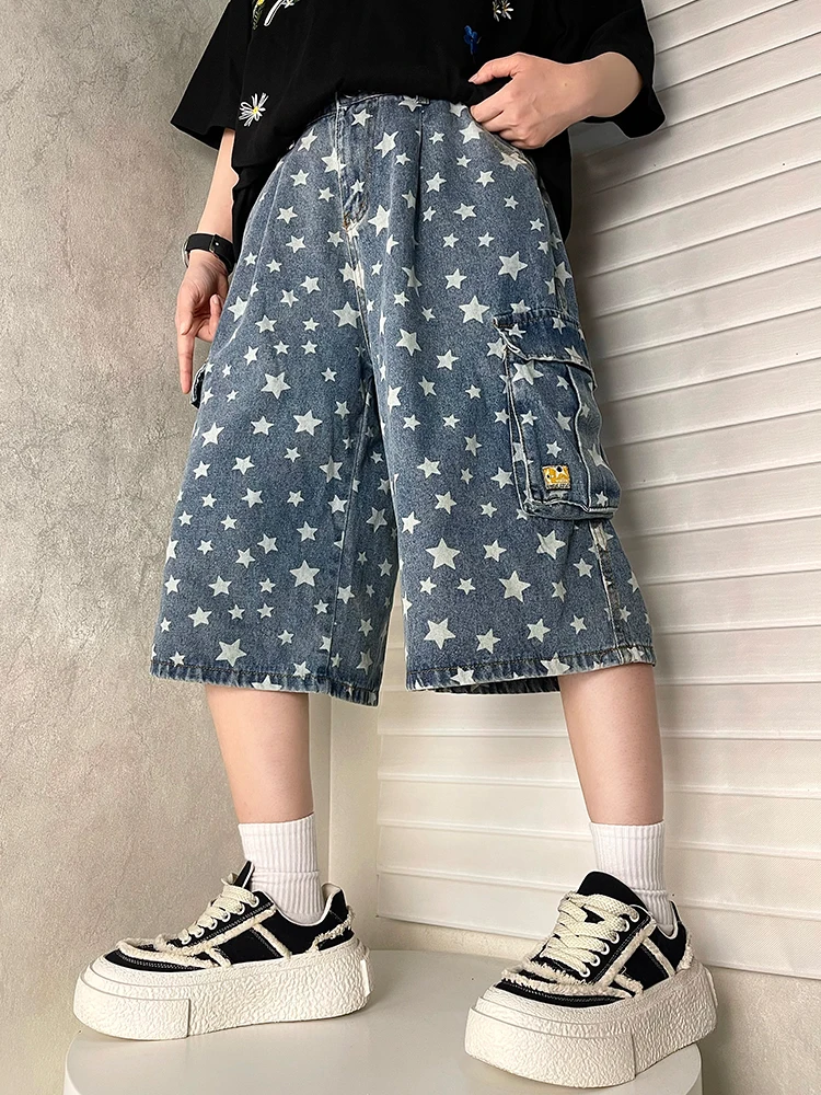 

Американские ретро-джинсы с принтом звезд, свободные широкие брюки, мужские летние модные шорты в стиле High Street, прямые шорты-бриджи