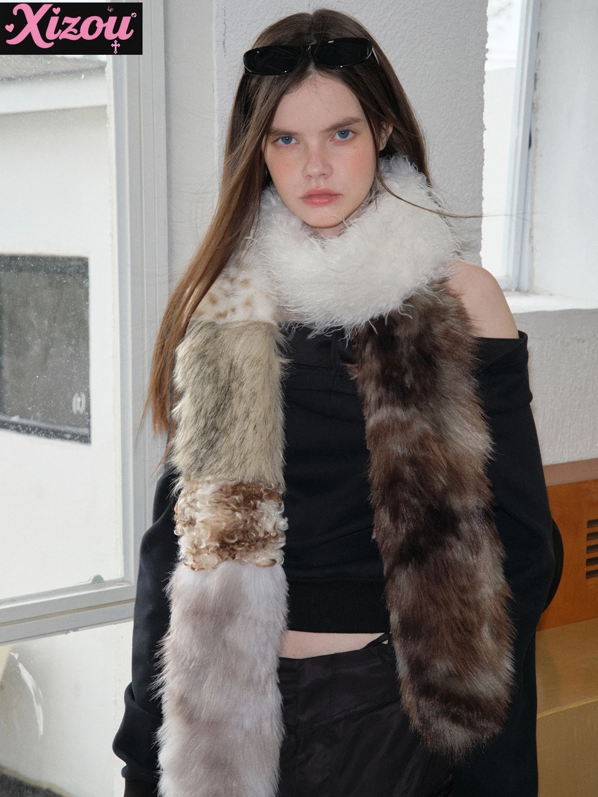 Original Imitation Fur Splicing Personalized Scarf Subculture Y2k Hot Girl Leopard Print Winter Warm Plush Scarf Trendy Women