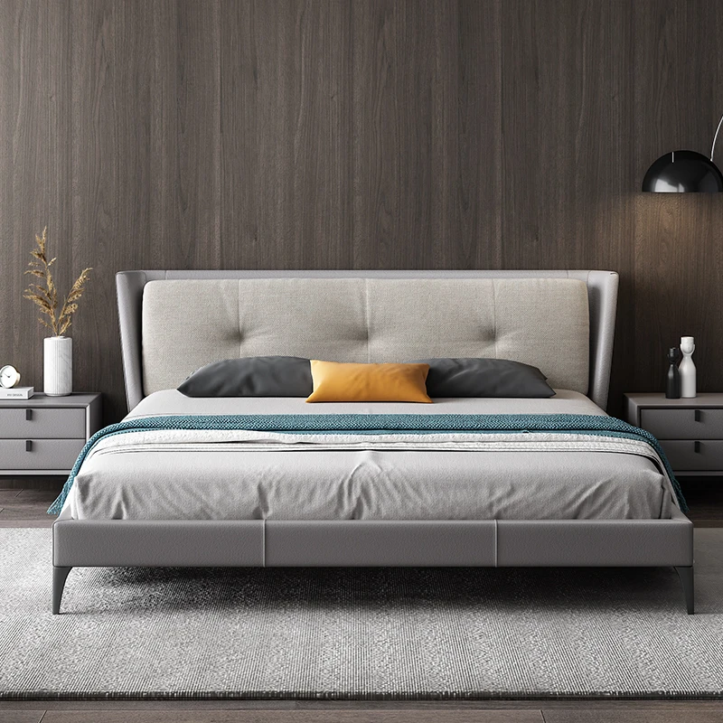 Dialogue space Italian minimalist leather bed double master bedroom leather queen bed 1.8m soft bed single bed